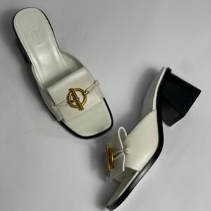 HERMES White Mid Heel Sandal