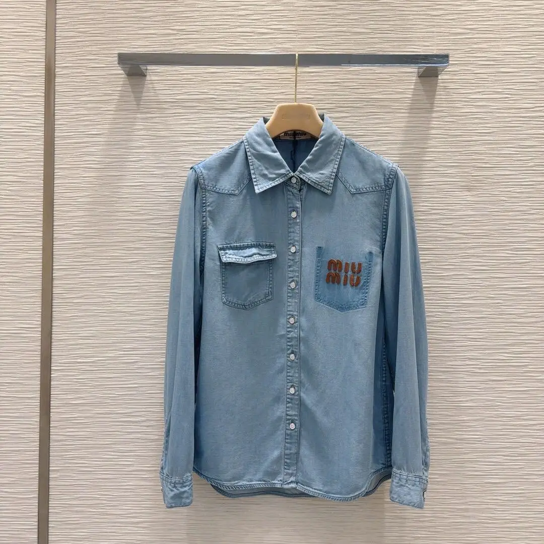 MIU MIU Blue Regular Fit Solid Denim Casual Shirt MIU MIU Blue Regular Fit Solid Denim Casual Shirt