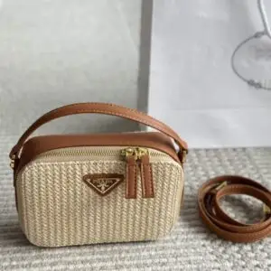 PRADA Raffia & Leather Zip Pouch
