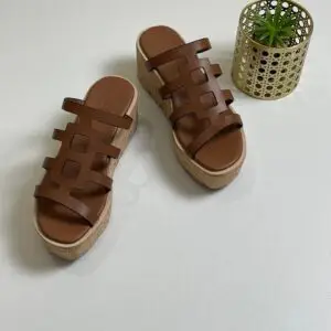 HERMES Gold Leather Wedges with H Cut-Out